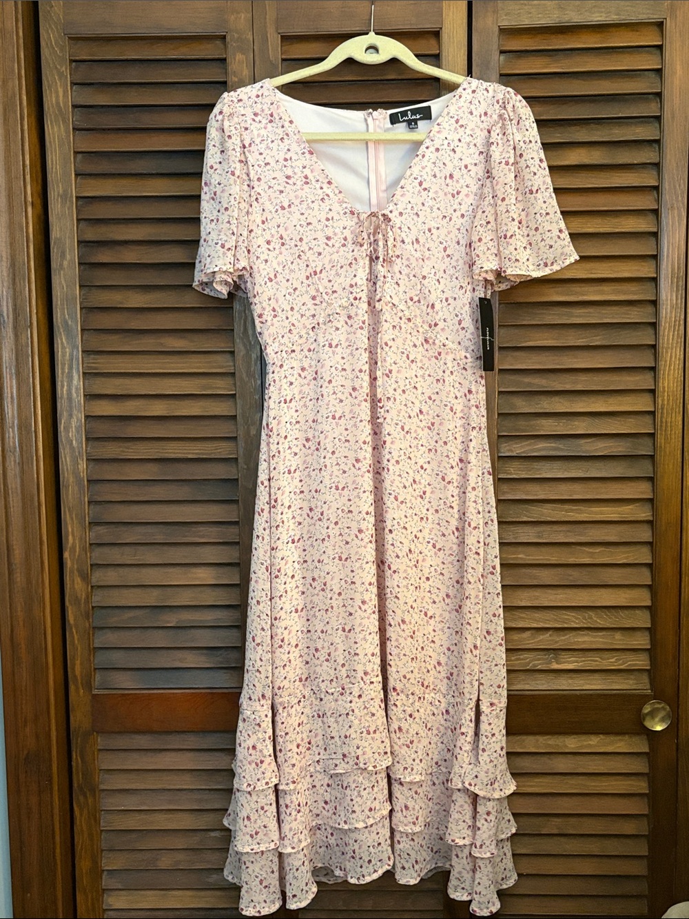 Lulu's Blush Pink Ditsy Floral Tie-Front Midi Dress